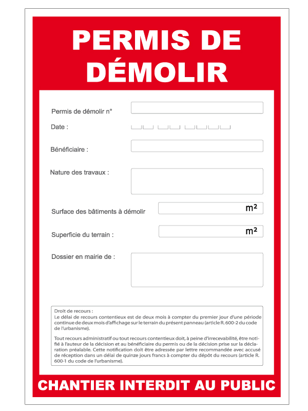 Panneau Permis de Démolir Rouge