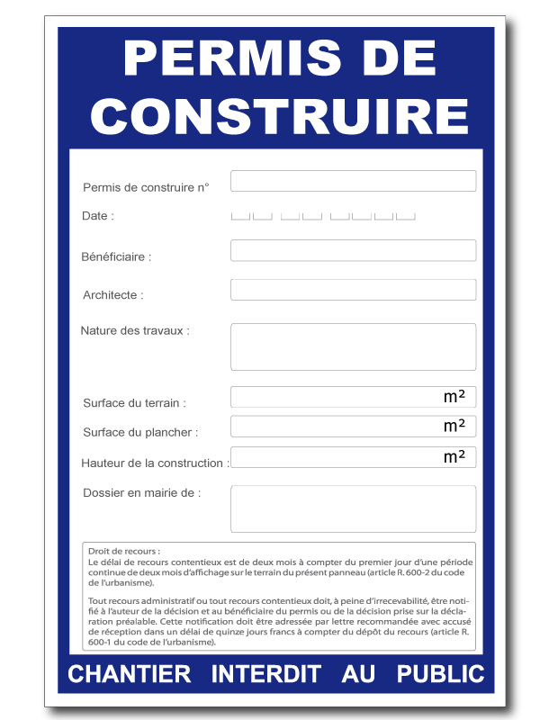 Permis de construire 120x80 cm - LOT de 5 PANNEAUX