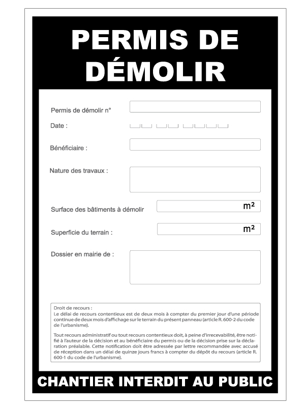 Panneau Permis de Démolir Noir